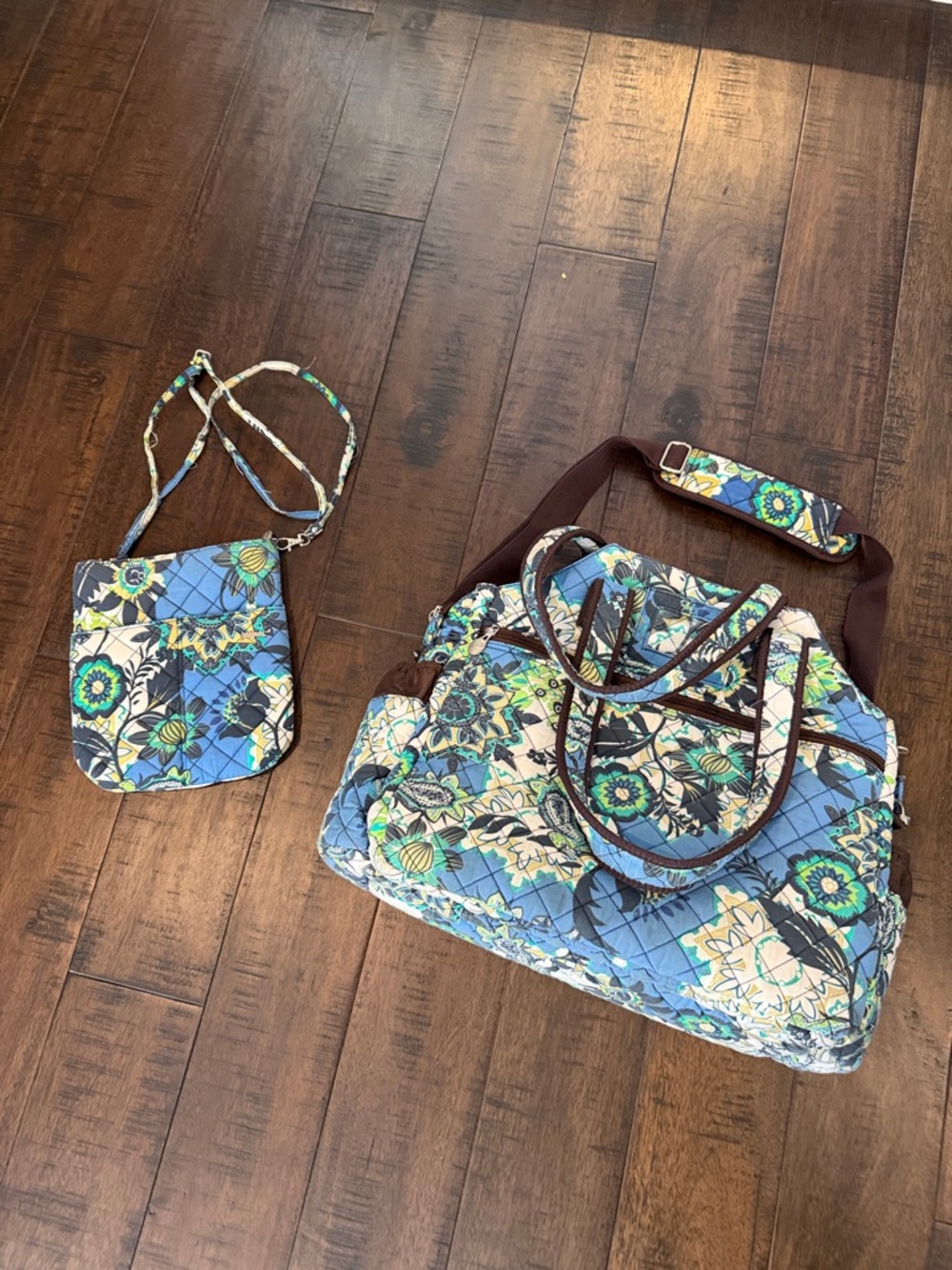 Blue Floral Quilted Tennis Duffel with Matching Crossbody